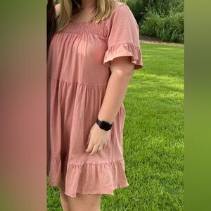 Dusty Rose Tiered Dress with Ruffle Sleeves